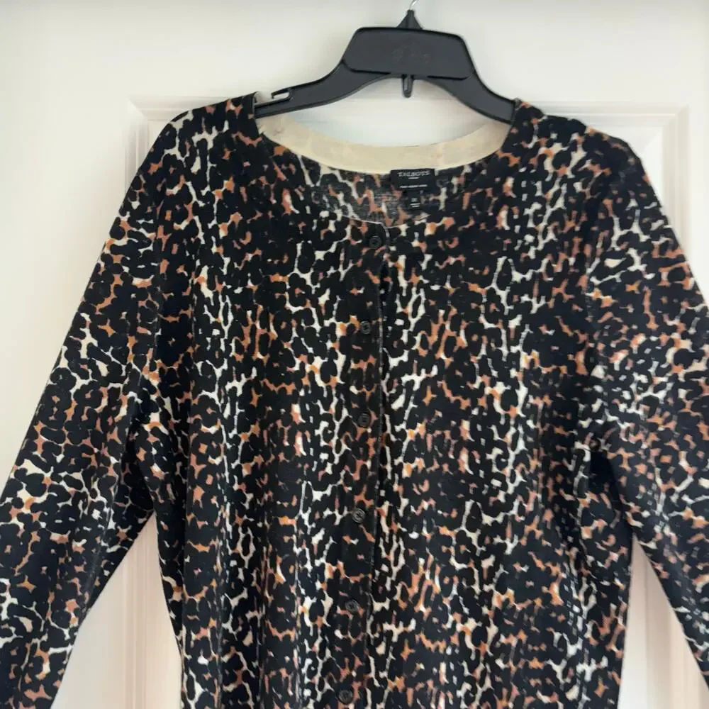Talbots Leopard Print Cardigan Sweater L 100% Merino Wool Button Front